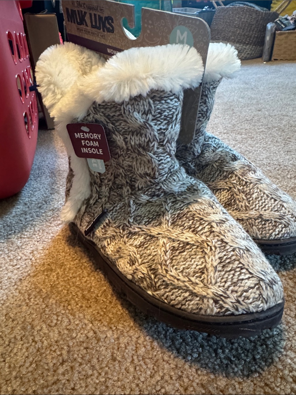 Muk Luks Women's Cream and Brown Knit Faux-Fur Cuff Boot Slippers